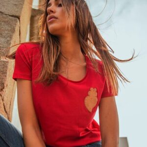 Viana Heart cork element 100% cotton t-shirt for women- Coral. Up9Lisbon